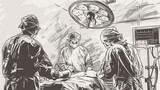 Fototapeta Pokój dzieciecy - Working surgeon in operating room, vintage engraving sketch illustration. Medical team at work. Surgery process in hospital, vector scene