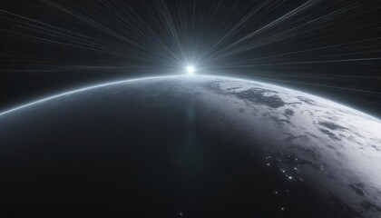 Wall Mural - 3d rendering of earth from space with run rising and ray light flare at horizon among glowing stars 