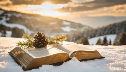 Sticker - holy bible and christmas decor with snow christian winter background