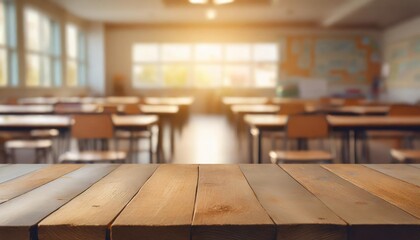 Wall Mural - rustic wooden table in a classroom setting perfect for displaying educational products or designs table top view on blurred background with empty tables and atmospheric light flawless