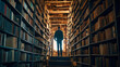 man in library with books and shelves