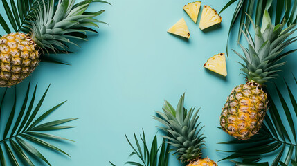  Pineapples and palm leaves on yellow color summer background. Whole tropical summer pineapples fruits and sliced pineapple halves flat lay composition with copy space