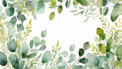 Poster - watercolor green leaves frame herbal eucalyptus border green leaves and branches on white background simple minimalistic design for card invitation poster save the date wedding or greeting