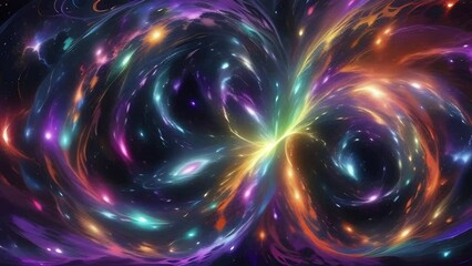 Wall Mural - Colorful cosmic animation with deep space, rotating galaxy, bright universe. Bright cosmic animation with illustrations transformations, music visualization concept. AI generated video
