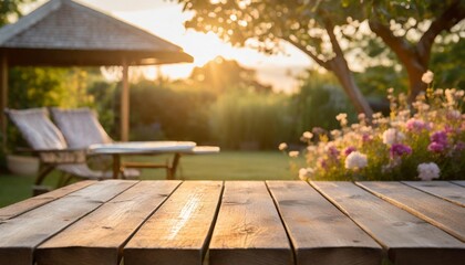 empty wooden table across summer time in backyard garden