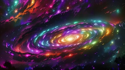 Wall Mural - Colorful cosmic animation with deep space, rotating galaxy, bright universe. Bright cosmic animation with illustrations transformations, music visualization concept. AI generated video