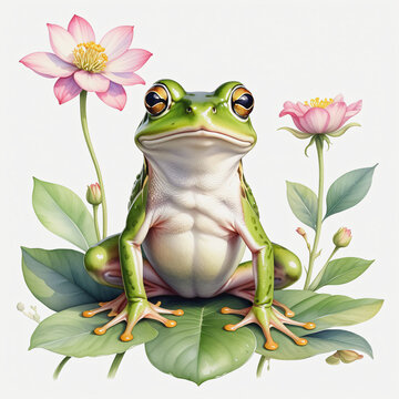 Watercolor of frog with flower on white background