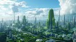 A futuristic eco-conscious cityscape with towering green skyscrapers and sustainable energy sources, such as wind turbines and solar panels The camera angle is a wide shot from a birds eye view