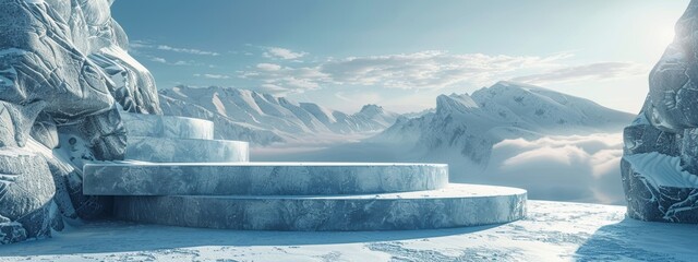 Sticker - Ice podium background snow winter product platform cold mountain 3D. Podium ice display background cosmetic sky floor blue scene landscape frozen white cool stand pedestal minimal rock glacier nature.