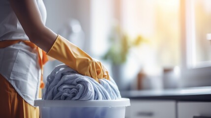 Hygienic environment: Detailed shot capturing hands in yellow gloves ensuring a clean household.