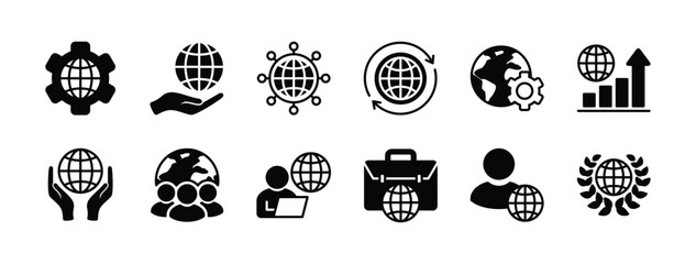 Global business icon set. Containing international organization, world connection, unity, growth, management, businessman, cooperation, organisation, partnership. Vector illustration