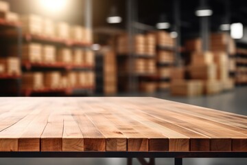 Wall Mural - The empty wooden table top with blur background of a large warehouse. Exuberant image. generative AI