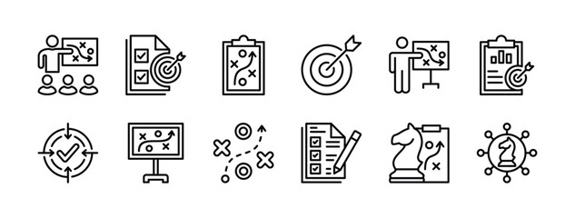 Business management action plan thin line icon set. Containing planning, strategy, analysis, target, goal, schedule, objective, aim, presentation, teamwork, achievement, meeting. Vector illustration