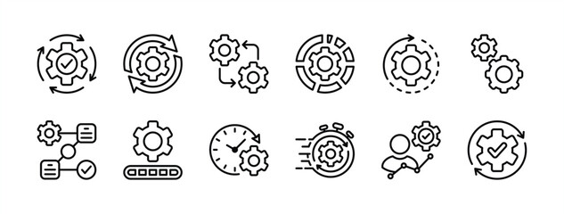 Business process thin line icon set. Containing productivity, workflow, progress, efficiency, operation, timeline, planning, improvement, maintenance, gear settings, management. Vector illustration