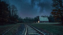 Night Star Sky, Railway Track, Night Railway Tracks, Landscape
