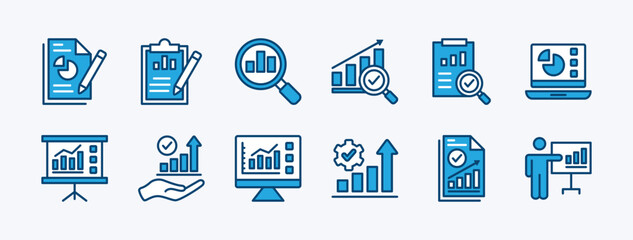 Wall Mural - Set of analysis data report icon. Containing financial profit graph on the clipboard, device, whiteboard. Review results documents. Statistical science data information. Vector illustration