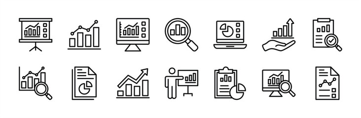 Data analytics thin line icon vector set. Statistical science data information. Containing financial profit graph, database, statistics, chart, presentation, performance. Review results documents