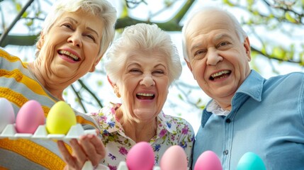 Sticker - Children playing with Easter Eggs. Active seniors. Having fun in old age