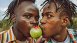 Close-up of two African teens, biting vibrant green and red apples, embodying healthy lifestyle.