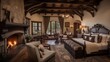 Sumptuous Old World master retreat with vaulted wood beam ceilings carved stone fireplace and private verandah access.