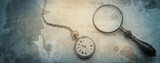 Fototapeta  - Sherlock Holmes Profile, magnifier, blood drops, clock, map and police form. Old background on the theme of crime, police, detective, investigation. Old style.