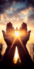 Poster - Spiritual Devotion: Human Hands Open in Prayer with a Cross Against a Sunset Sky - A Symbol of Faith and Hope in Christian Worship