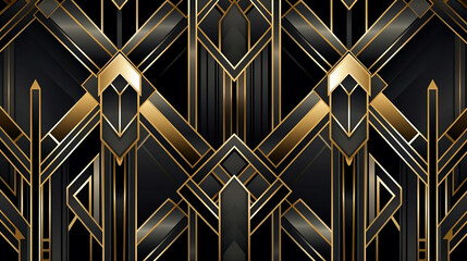 Wall Mural - A print of geometric shapes in black and gold. The design features symmetrical patterns with white lines on the dark surface.
