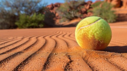 Wall Mural - Design a realistic digital artwork showcasing a close-up view of a tennis ball covered in red clay dust