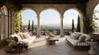 Romantic Tuscan-inspired loggia with stone arches ivy covered pergola and countryside views beyond.