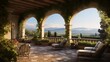Romantic Tuscan-inspired loggia with stone arches ivy covered pergola and countryside views beyond.