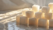 A pile of sugar cubes on a countertop. AI.