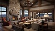 Rustic luxe mountain modern great room with towering timber framing stone fireplace sweeping windows and antler chandelier.