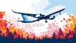 Craft an illustration of an airplane flying over the colorful autumn foliage and scenic lakes of New England