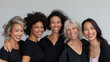 5 young females with diversity: Happy people smiling. Concept of solidarity, support, and friendship.