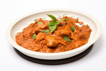 Wall Mural - Delicious chicken tikka masala on a palm leaf plate against a white background