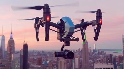 Sticker - Experience the awe-inspiring view of a drone gliding above the iconic city skyline