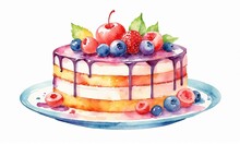 Watercolor Illustration Of A Cake With Blueberries, Strawberries And Cherries