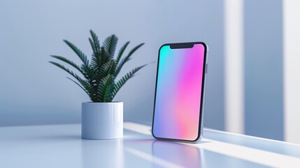 A smartphone mockup on a display. An iphone. Digital age. Modern gadgets. Device and technology concept.