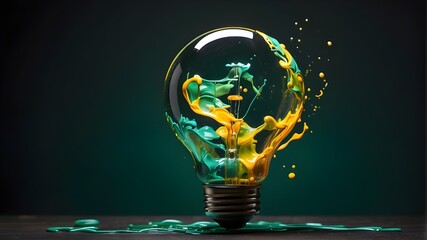 Wall Mural - A flash of brilliant creative inspiration idea featuring a vibrant lightbulb made of liquid paint blending into a dark green backdrop