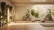 Serene home yoga studio with integrated dressing area mirrors and abundant plants.