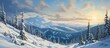 A picturesque painting of a snowy mountain landscape with trees, mountains, and a cloudy sky in the background, showcasing the beauty of a natural winter landscape