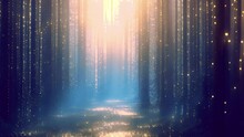 Magical Fantasy Forest Road Sparkling Lights. In Magical And Mysterious Fantasy Forest With Mystical Sun Light And Firefly. Fairy Tale Concept Beauty