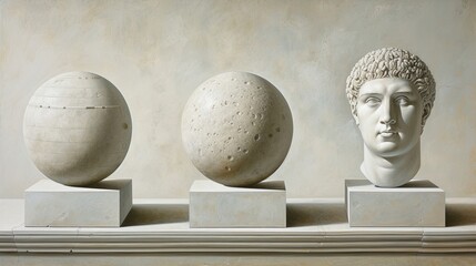 Wall Mural - Artistic composition with floating balls and sculpted male head in antique (Greek, Roman) style. Beauty in stone. Illustration for cover, postcard, greeting card, interior design, etc.