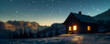 The silhouette of a small, isolated cabin at night, light spilling from its windows onto the snow,