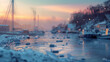 The soft glow of sunrise illuminates a frozen harbor, the boats and ice detailed against a blurred, pastel-