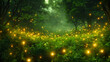 Green rainforest at dusk surrounded by thousands of blinking fireflies 