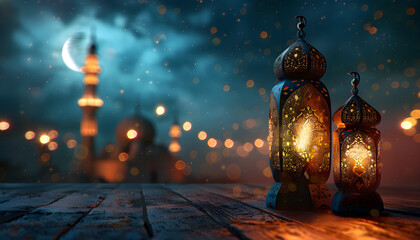 Poster - Realistic Ramadan background with mosque, moon, stars, lantern and bokeh, perfect for religious and cultural events and celebrations.