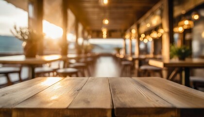 Sticker - wood table top on blur restaurant interior background