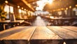 wooden table top with blurred background in cafe