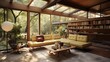 Mid-century modern treehouse retreat with walls of glass branching wooden supports and warm wood ceilings.